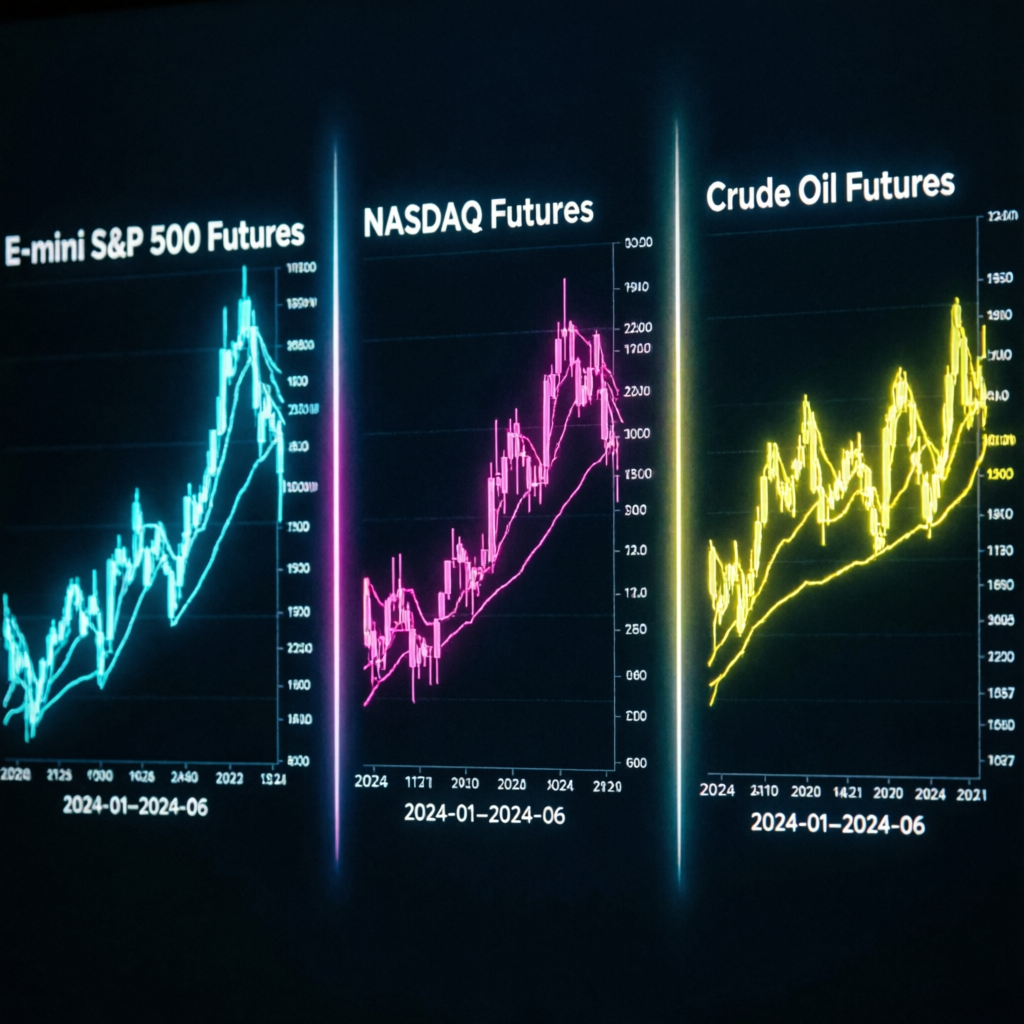 Futures trading charts for E-mini S&P 500, NASDAQ, and Crude Oil