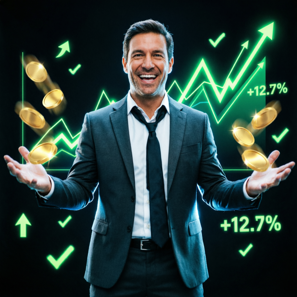 Successful trader celebrating profits with golden coins