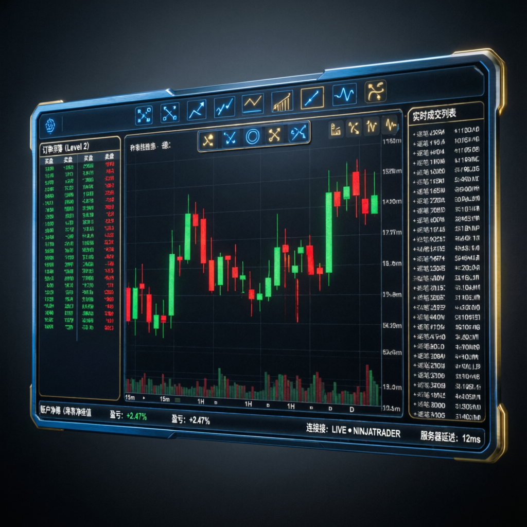 NinjaTrader futures trading platform with candlestick charts