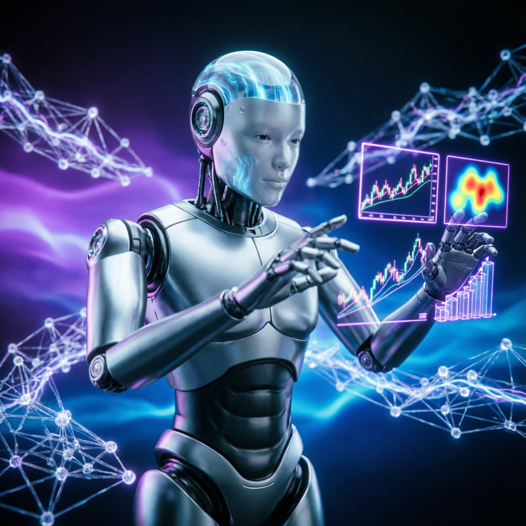 AI robot analyzing Apex Trader Funding markets with holographic charts