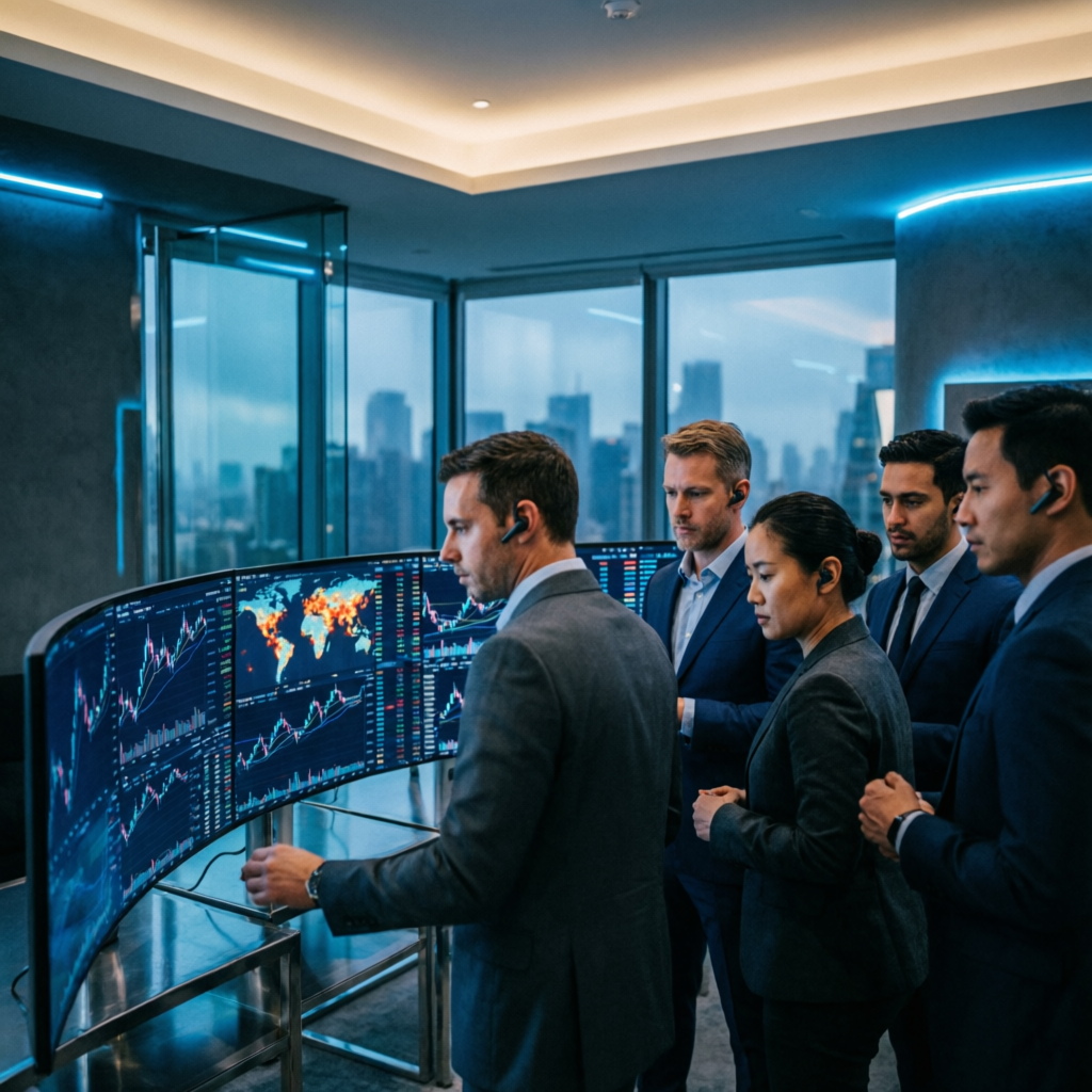 Professional team of expert traders analyzing markets
