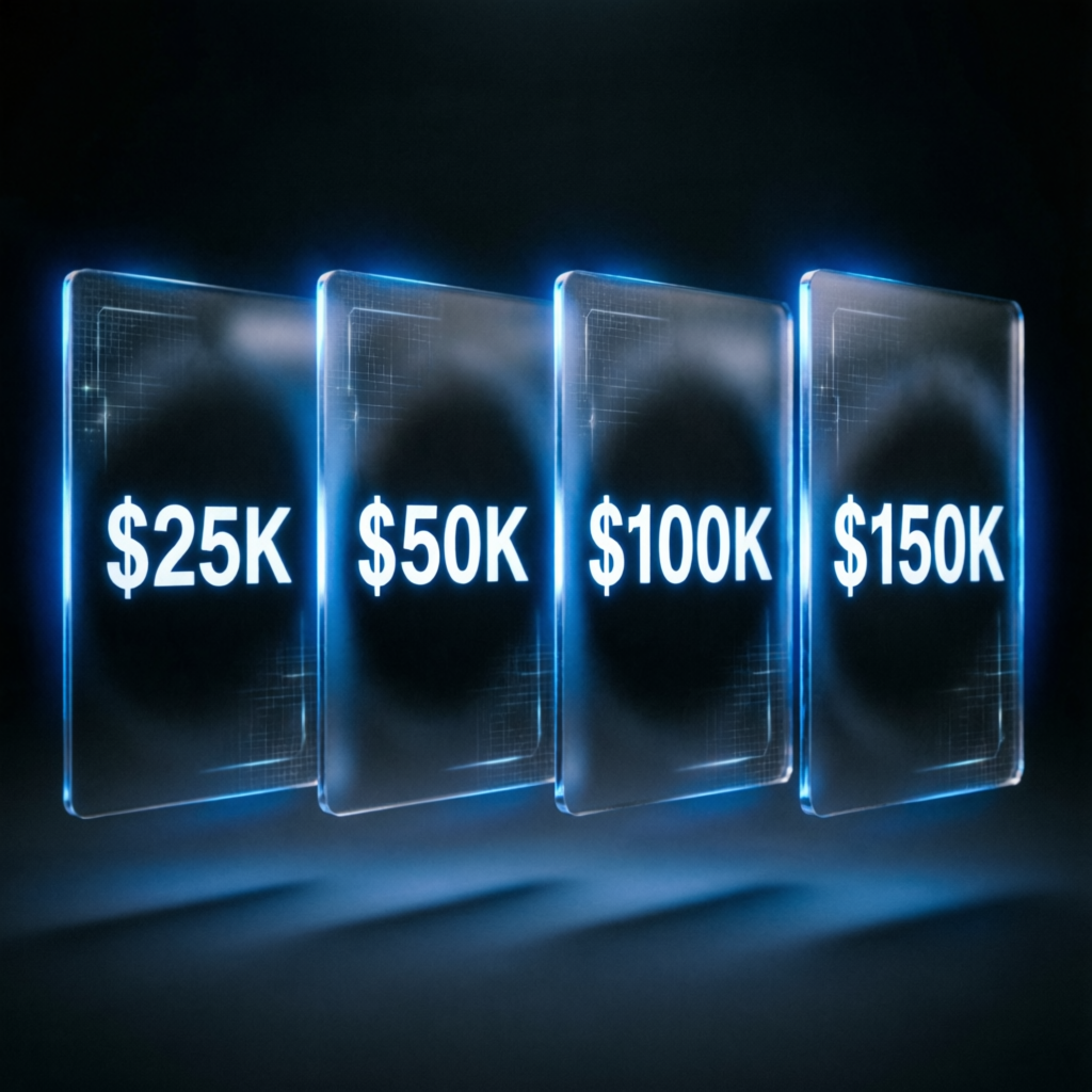 Apex Trader Funding account sizes $25K $50K $100K $150K glassmorphism cards
