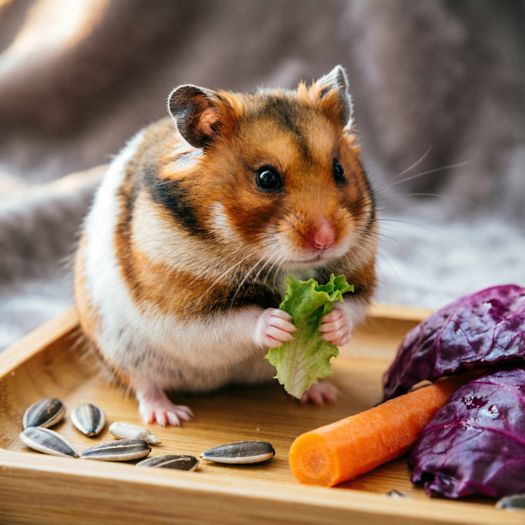 Healthy hamster with fresh vegetables and seeds