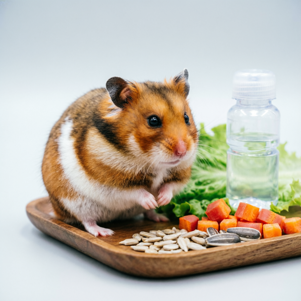 Healthy hamster with fresh vegetables and seeds