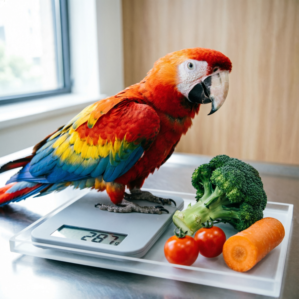 Parrot calorie calculator showing a healthy colorful macaw on a digital scale with fresh vegetables