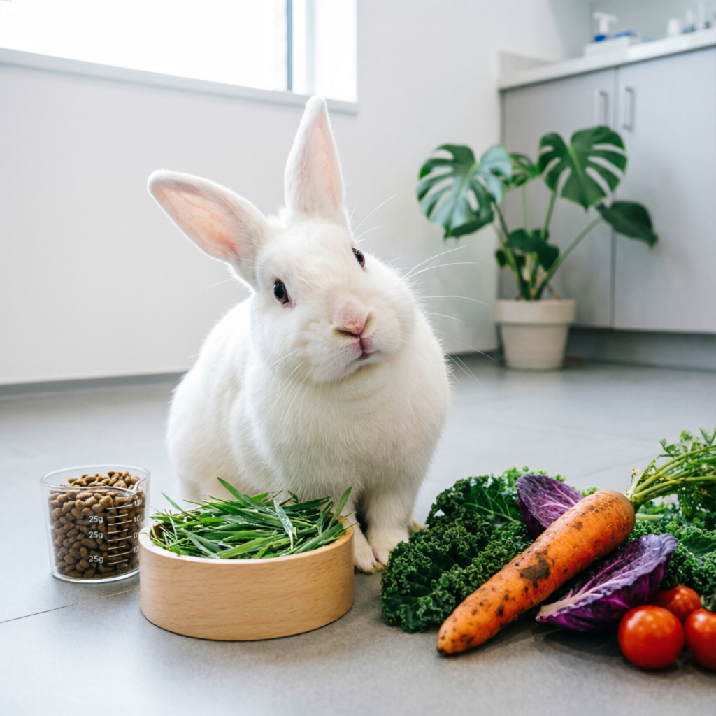 Healthy rabbit with fresh vegetables and hay
