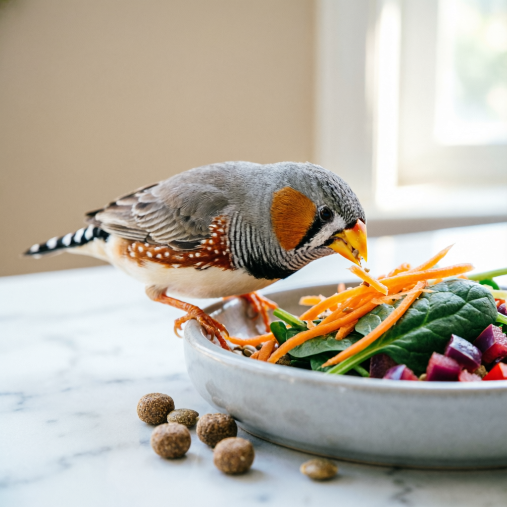 Finch feeding calculator showing a healthy zebra finch with fresh vegetables and high-quality pellets