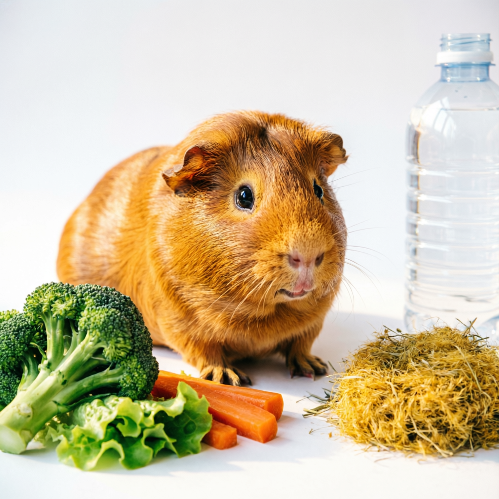 Guinea Pig Age Calculator showing a healthy guinea pig with fresh vegetables and hay