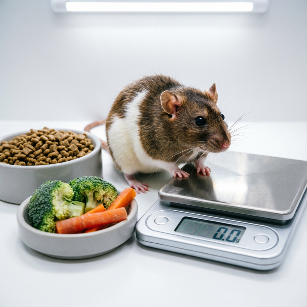 Rat food calculator showing a healthy pet rat with high-quality pelleted diet and fresh vegetables on a digital scale