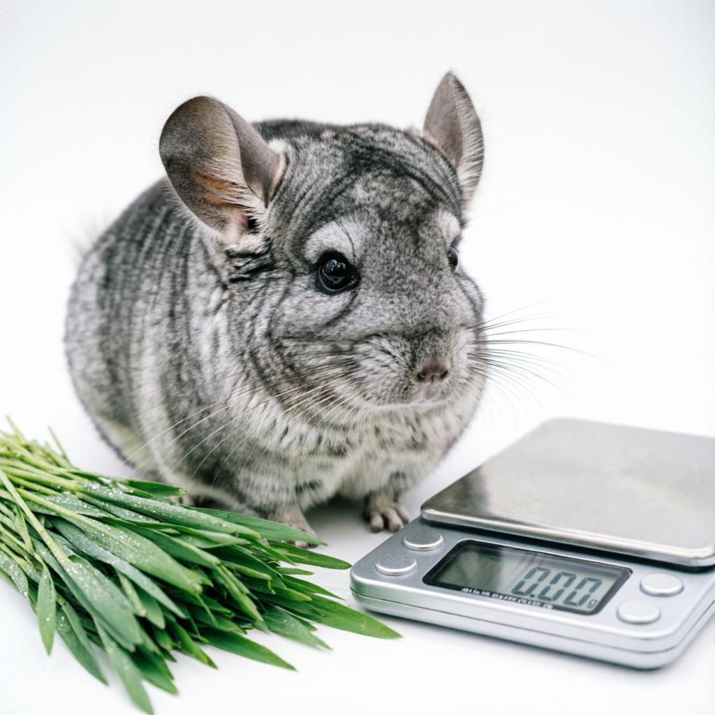 Chinchilla age calculator showing a healthy chinchilla with fresh hay and a digital scale