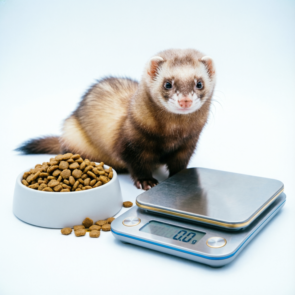 Ferret calorie calculator showing a healthy ferret with high-quality kibble and a digital scale