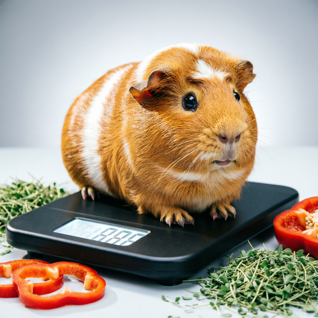 Guinea Pig Weight Calculator showing a healthy guinea pig on a digital scale with vegetables