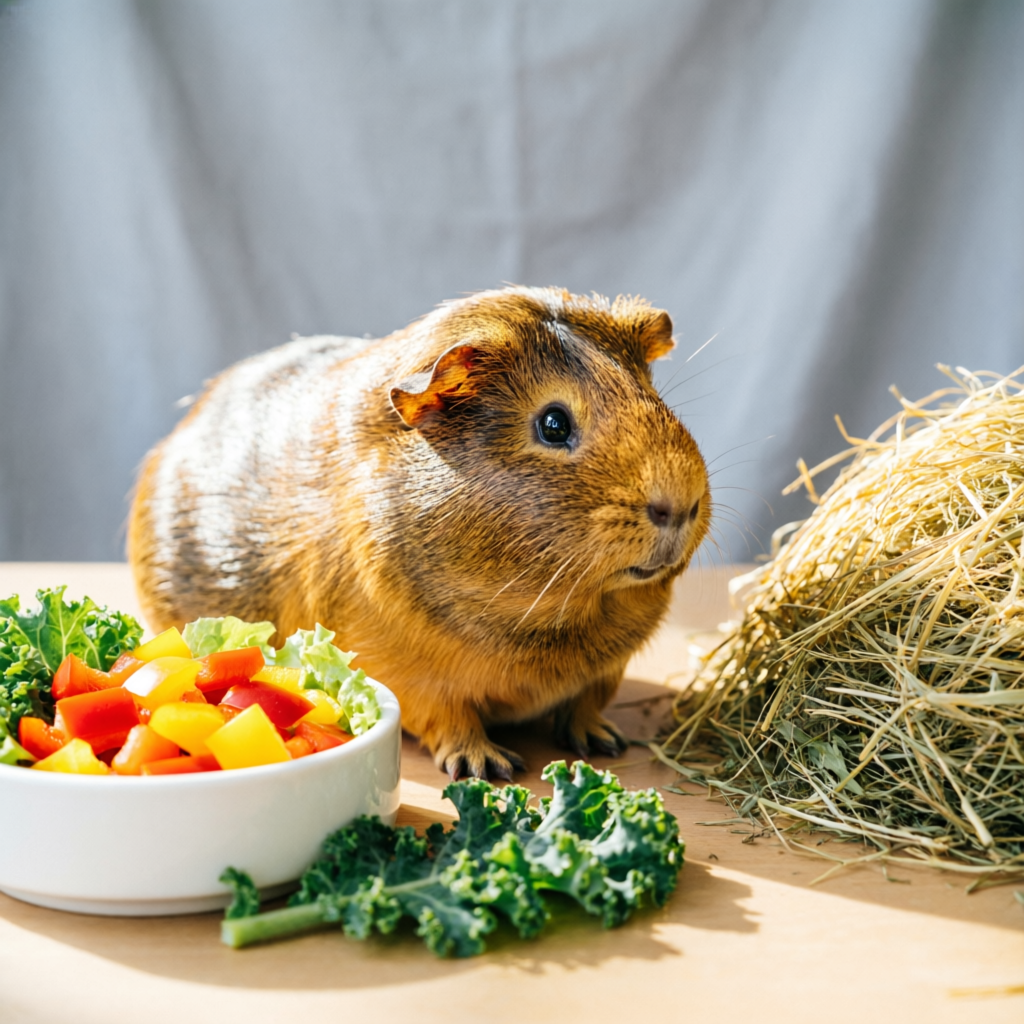 Guinea Pig Feeding Calculator showing a healthy guinea pig with fresh vegetables and hay