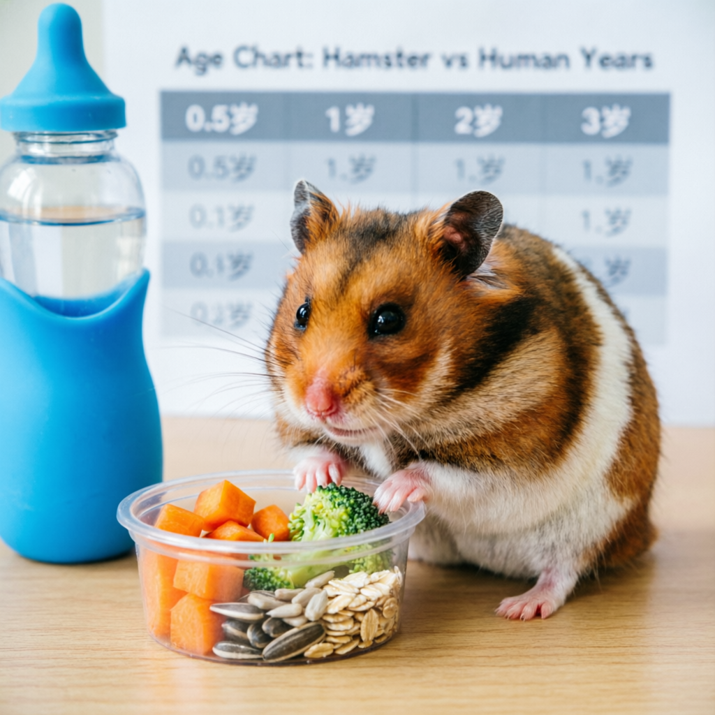 Hamster Lifespan Calculator showing a healthy hamster with fresh vegetables and age chart