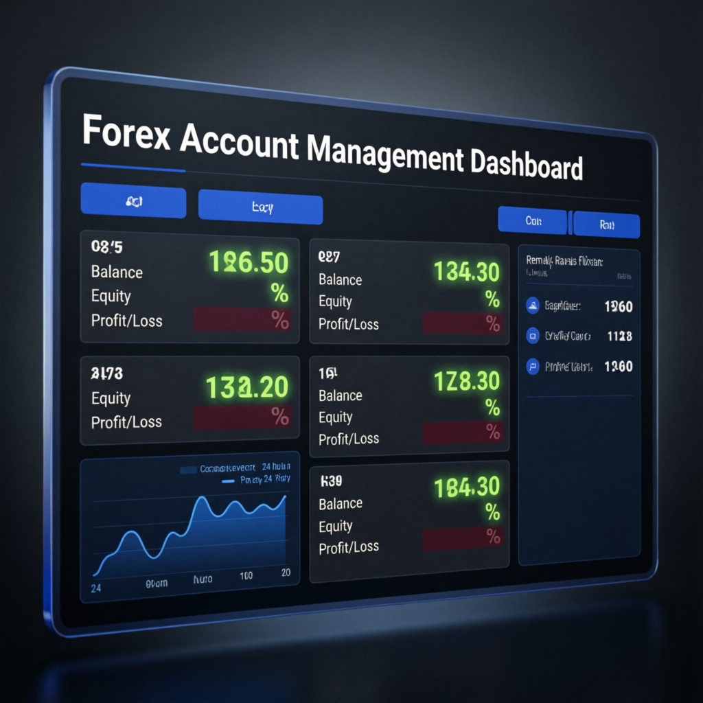 Forex account management dashboard showing multiple funded accounts