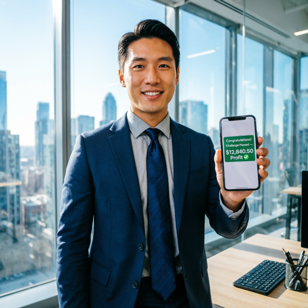 Happy trader celebrating successful prop firm challenge pass