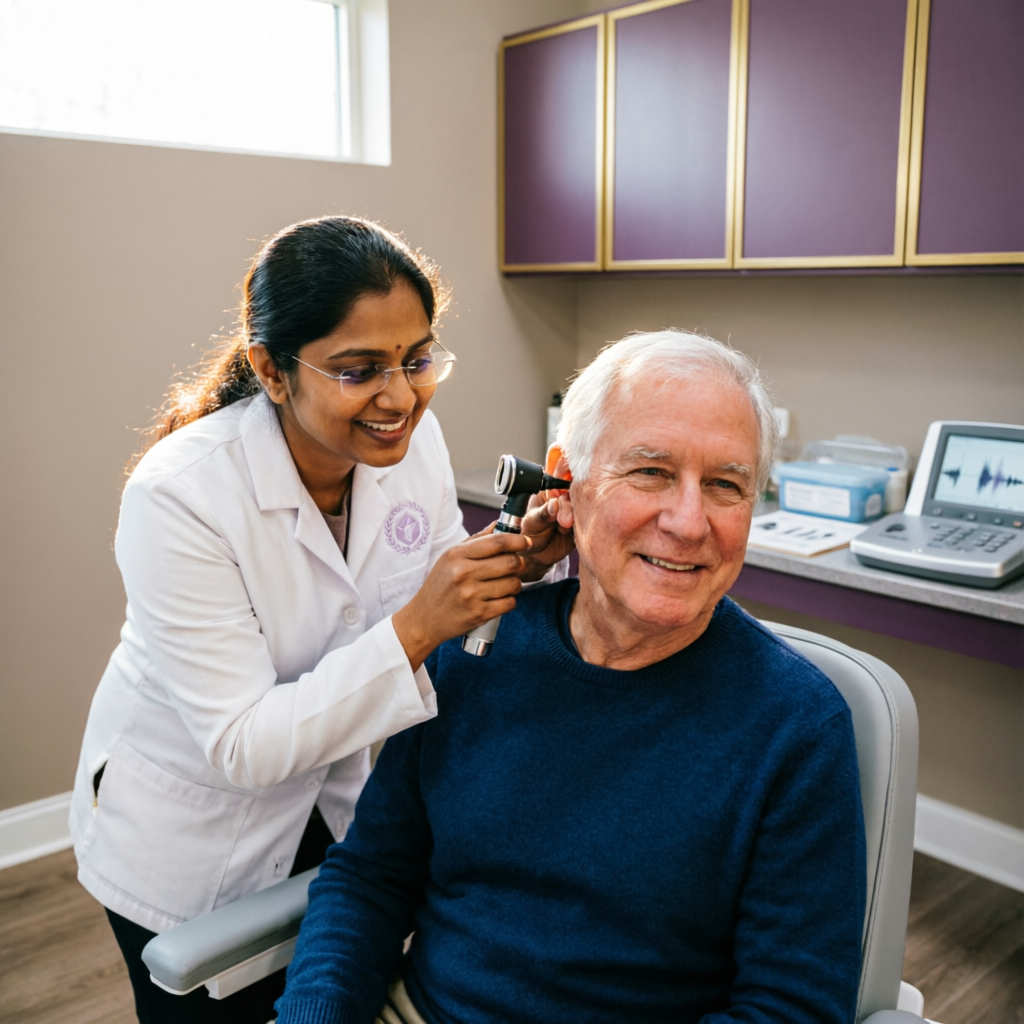 Audiologist examining a senior patient's ear with an otoscope at a HearPlus partner clinic in Bengaluru