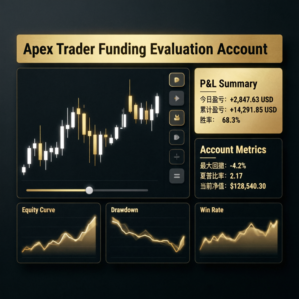 Apex Trader Funding Evaluation Account Dashboard with P&L Summary and Account Metrics