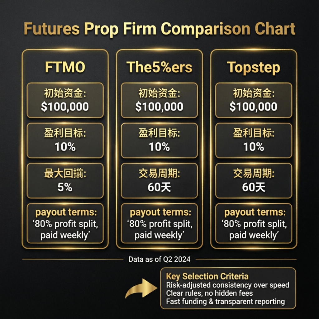 Futures Prop Firm Comparison Chart Showing FTMO, The5%ers, and Topstep