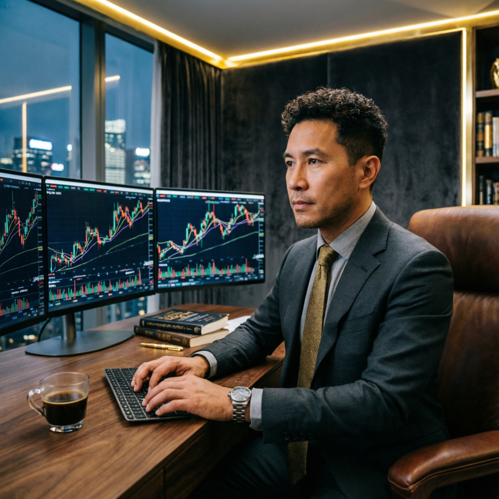Professional Forex Trader Working on Multiple Monitors with Futures Trading Charts