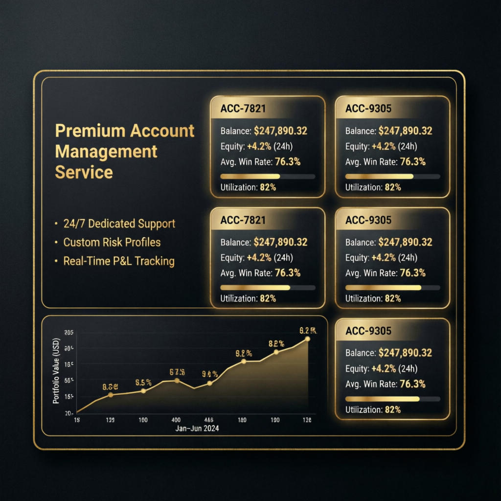 Premium Account Management Service Dashboard Showing Multiple Funded Accounts
