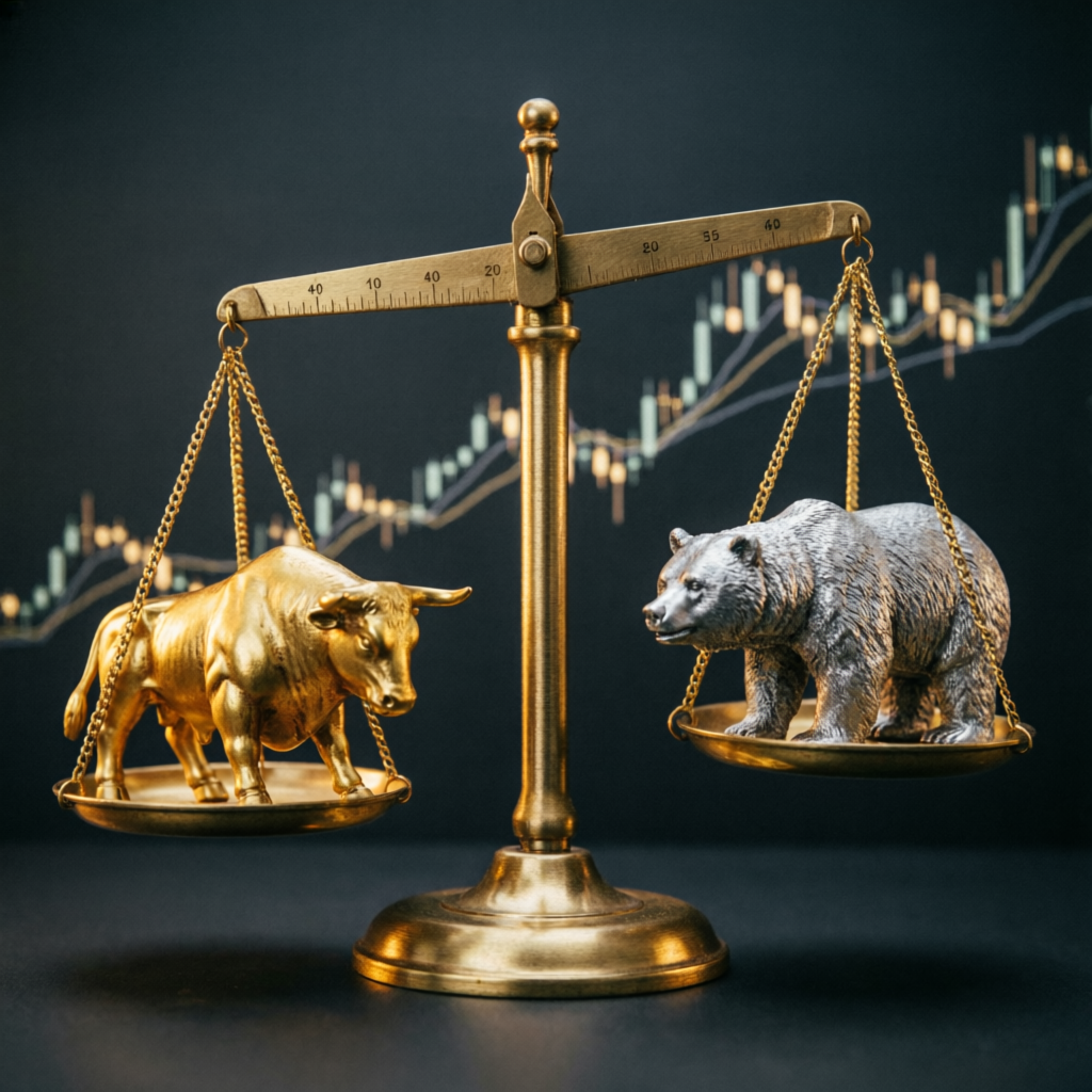 Risk management bull and bear balance scale