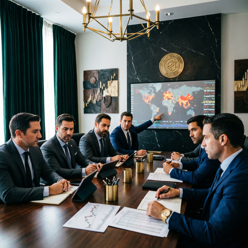 Professional prop firm trading team meeting
