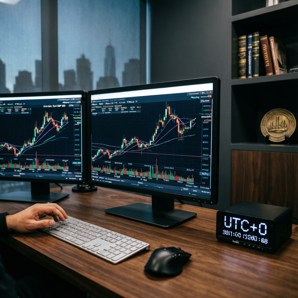 Professional futures trading workspace with multiple monitors