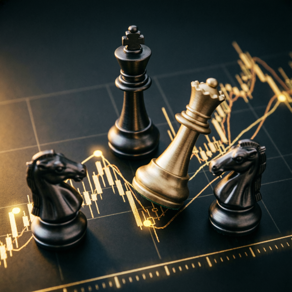 Professional trading strategy chess pieces on chart