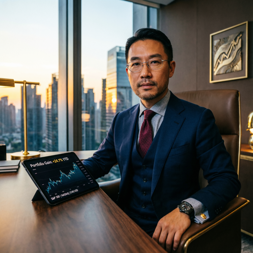 Elite professional trader reviewing portfolio gains