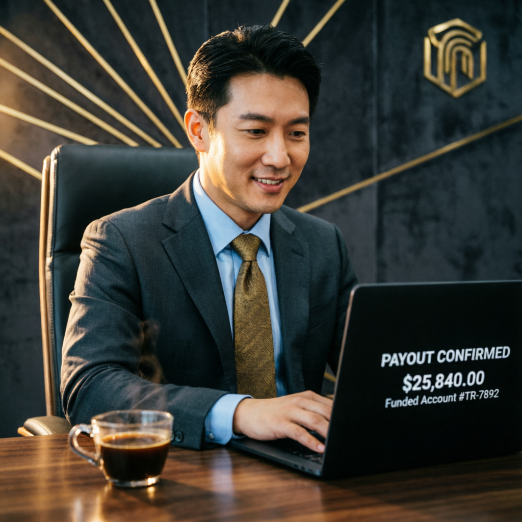 Funded trader reviewing payout confirmation on laptop