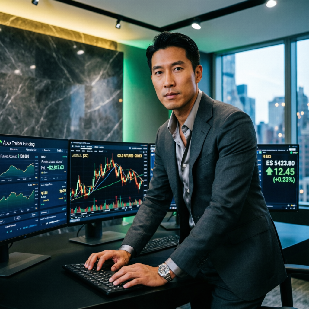 Professional Apex Trader Funding trader with multiple monitors showing futures charts
