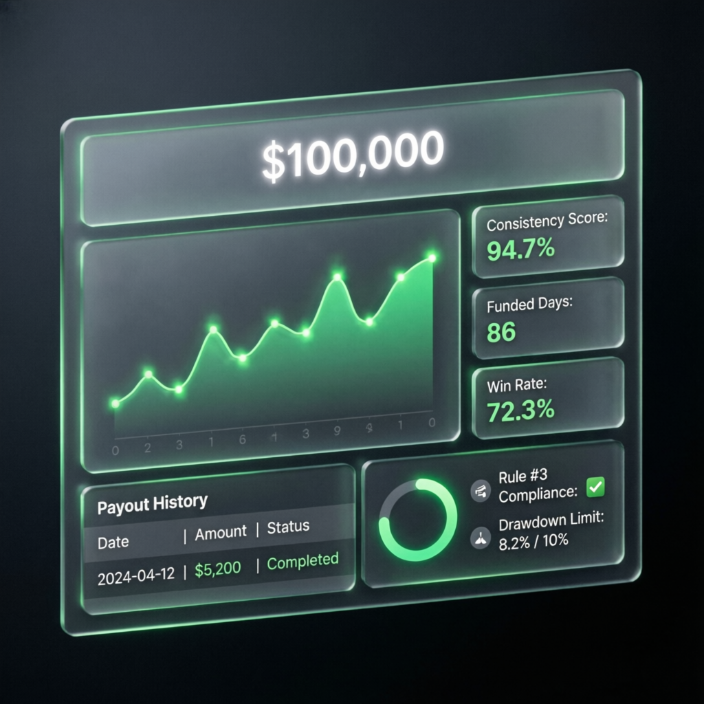 Apex Trader Funding dashboard showing $100,000 funded account with consistency score