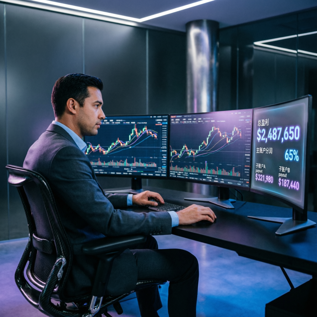 Professional trader managing funded accounts with multiple monitors