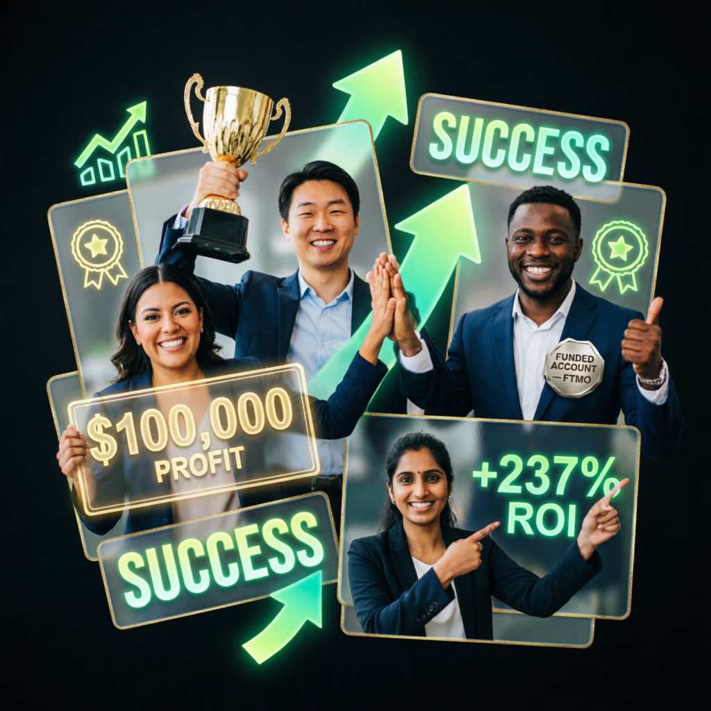 Success stories of funded traders celebrating achievements