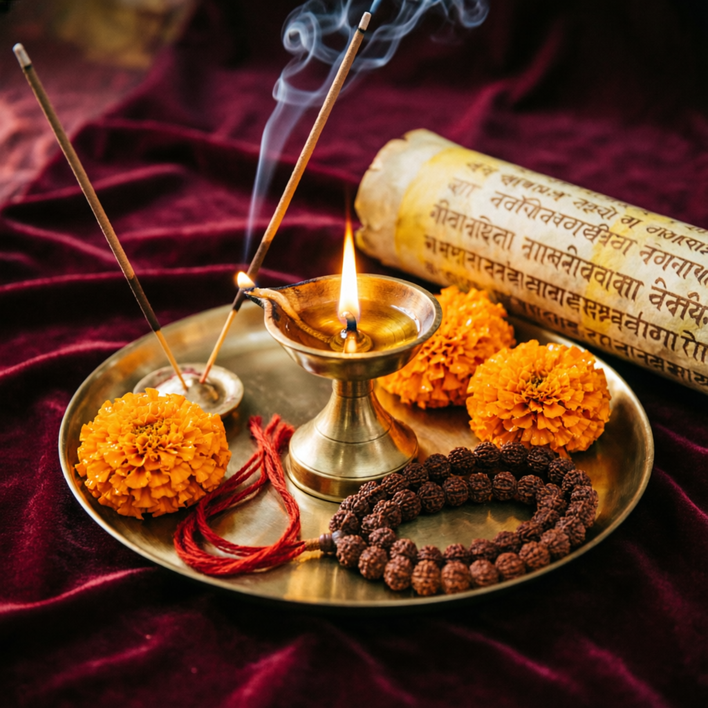 Traditional puja thali with diya, marigold and kundli scroll at Pandit Ji Vastu Consultant Kherki Daula Gurugram