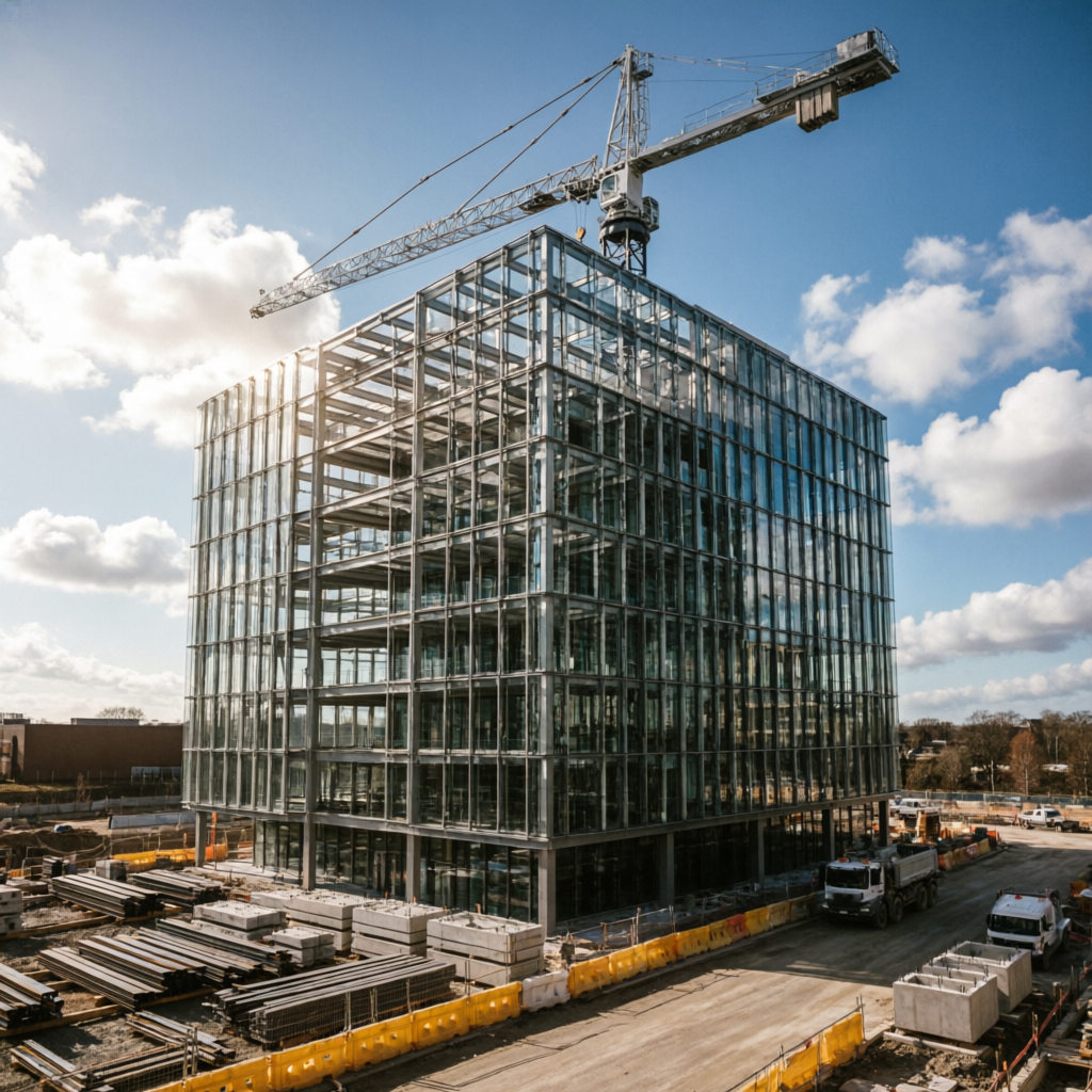 Best commercial construction contractor in Bhopal — glass office tower