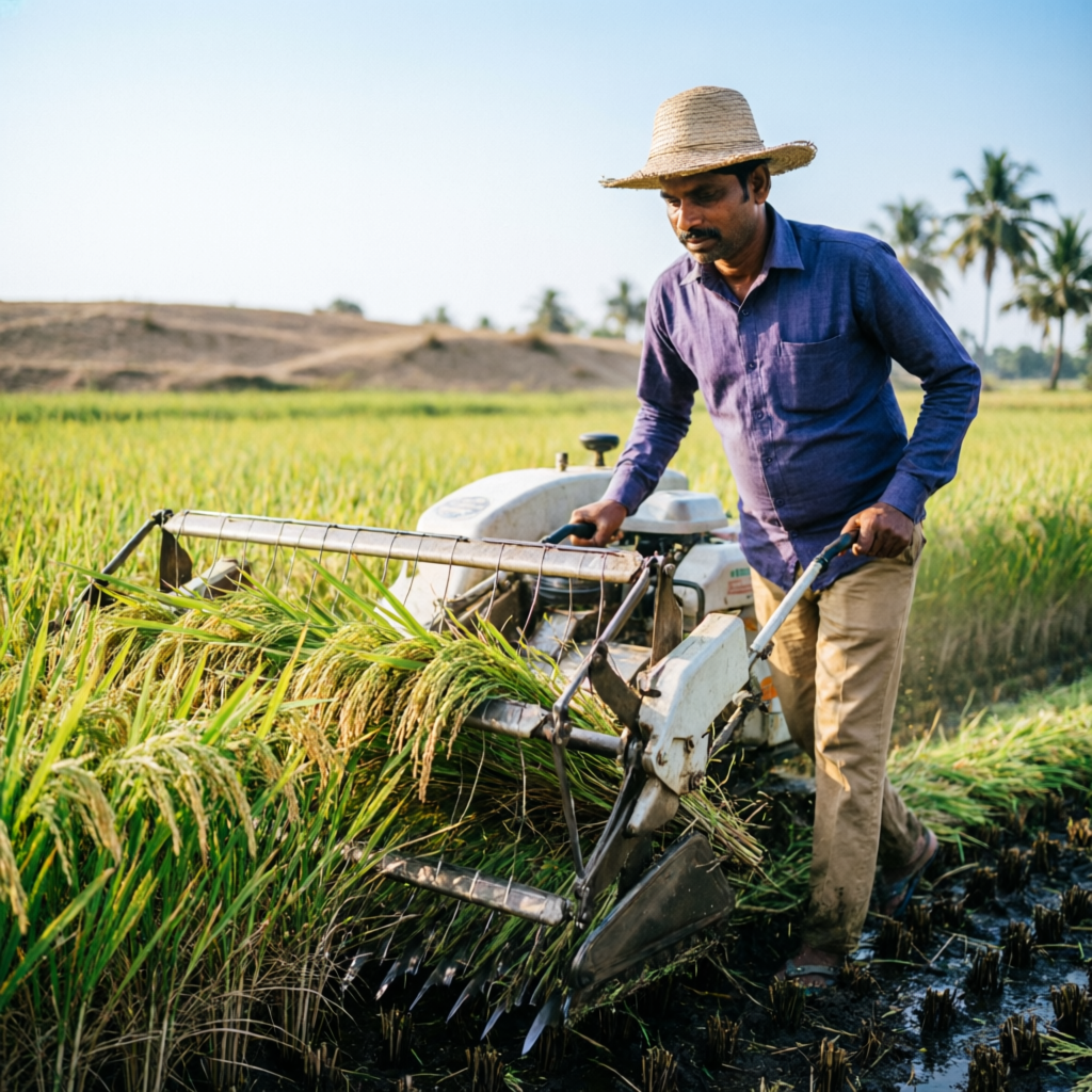 Reaper machine dealer in Chandauli — farmer operating reaper in paddy field
