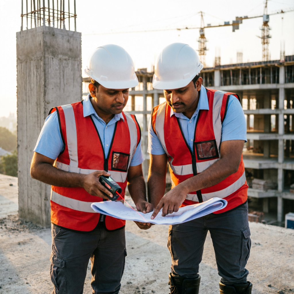 Royal Axis Infra engineers reviewing blueprints on site — trusted construction company in Bhopal
