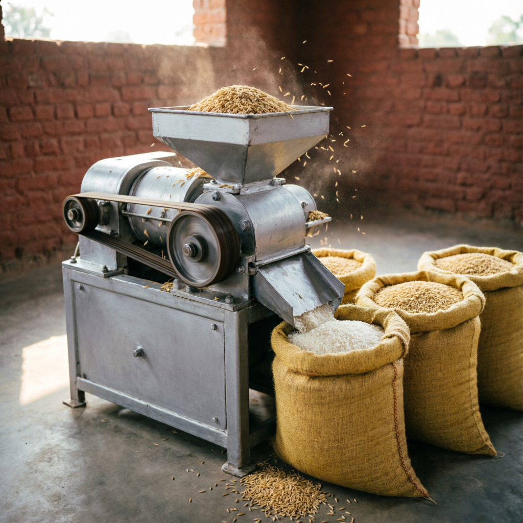 Rice mill machine dealer in Chandauli — rice mill with grain sacks