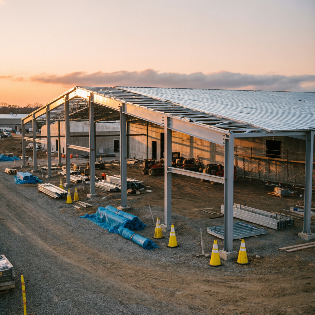 Industrial construction in Madhya Pradesh — steel warehouse structure