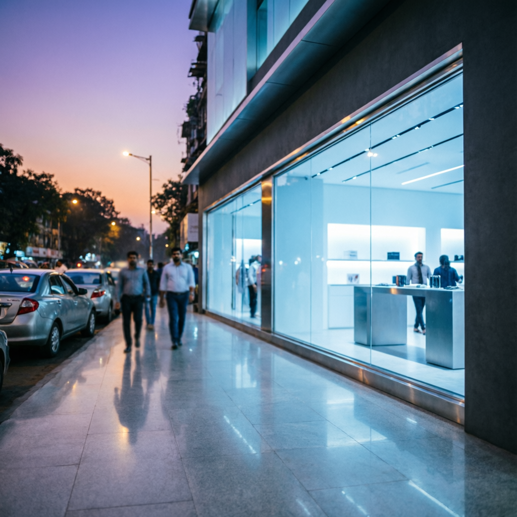 HP store in Santacruz — HP World store exterior on S.V. Road Mumbai at dusk
