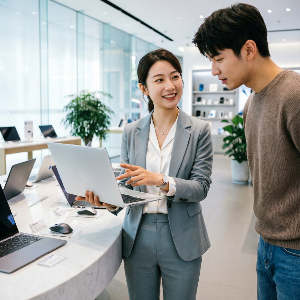 HP store in Santacruz — consultant helping customer choose a laptop