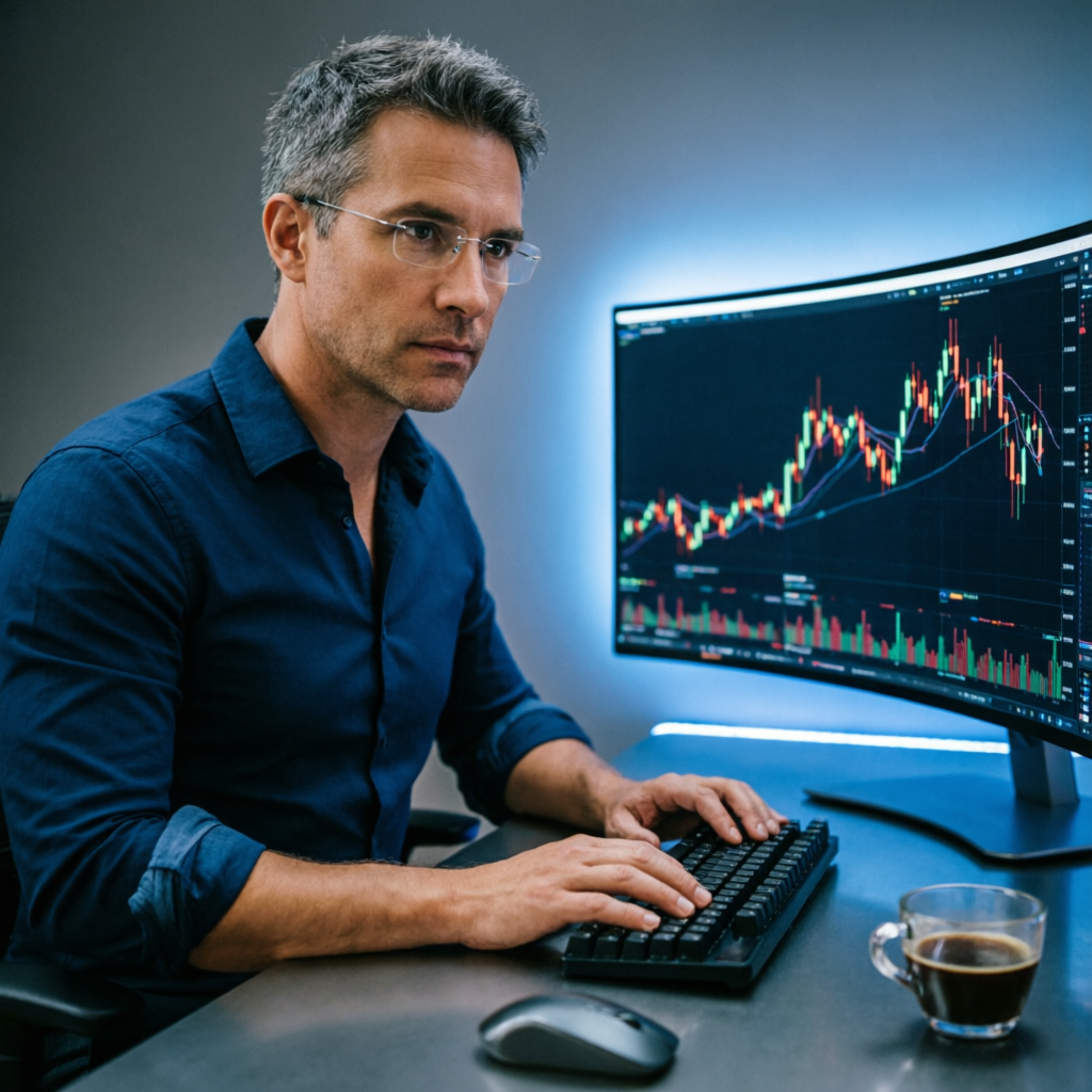 Professional trader analyzing candlestick charts