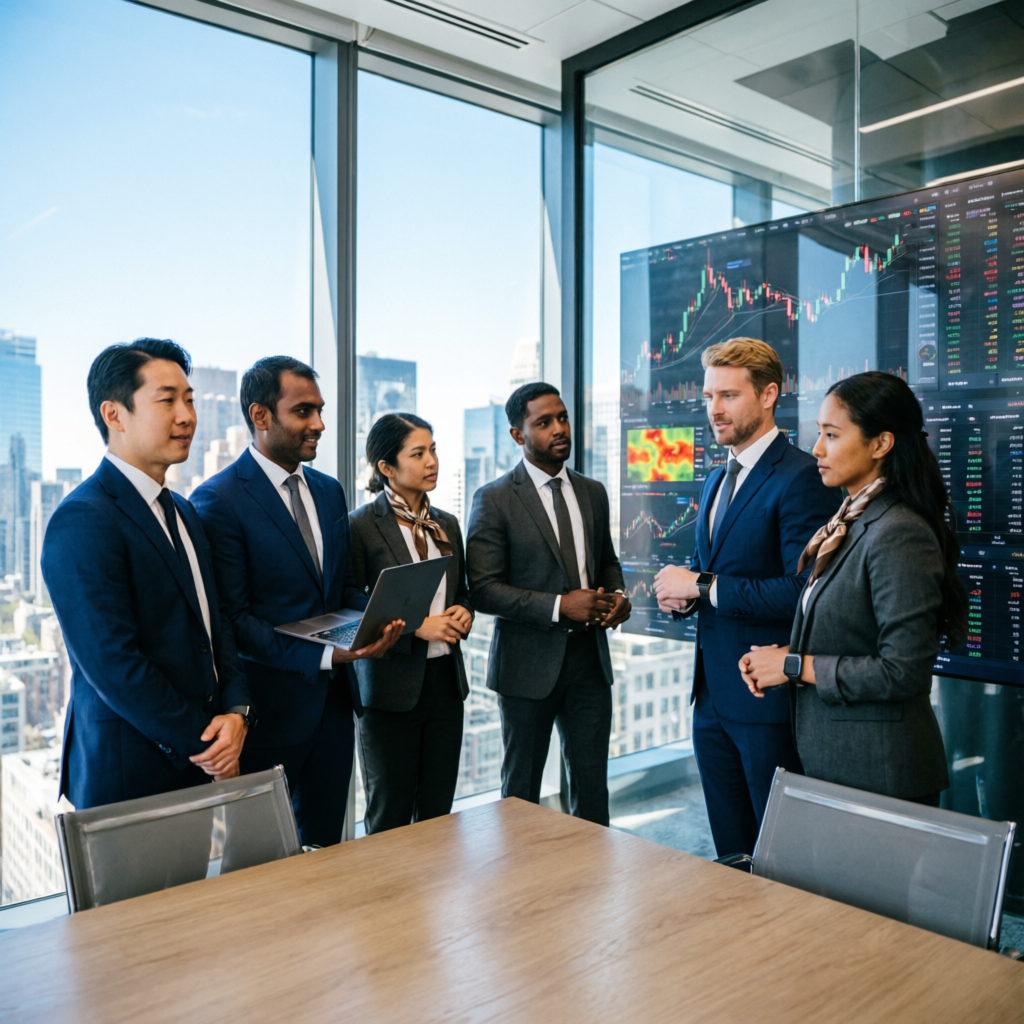 Professional team of forex traders analyzing market data
