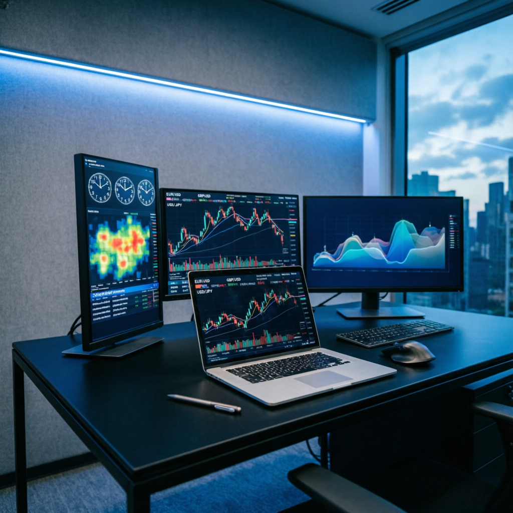 Premium trading workspace with multiple monitors showing forex charts