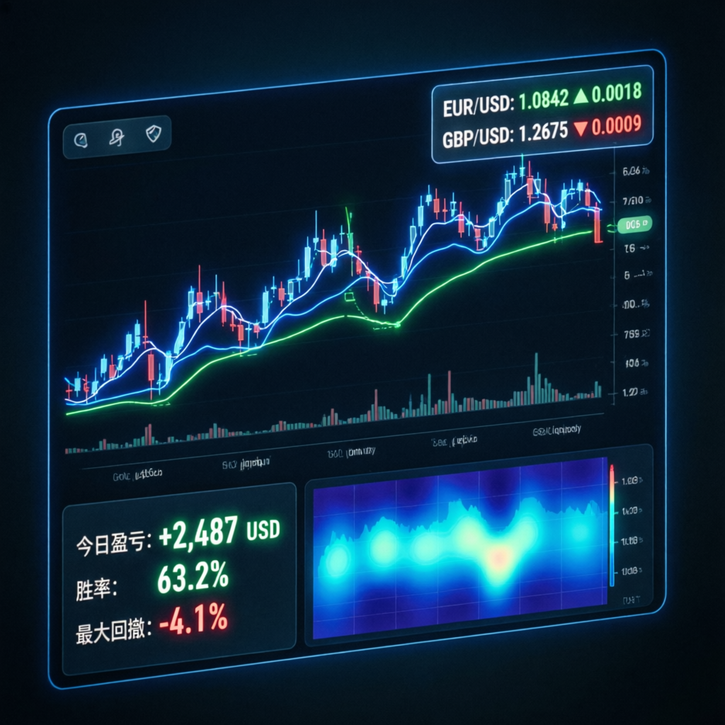 Professional trading dashboard with forex charts and profit indicators