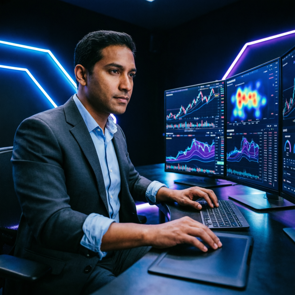 Professional trader managing Topstep funded account with AI-powered analytics dashboard