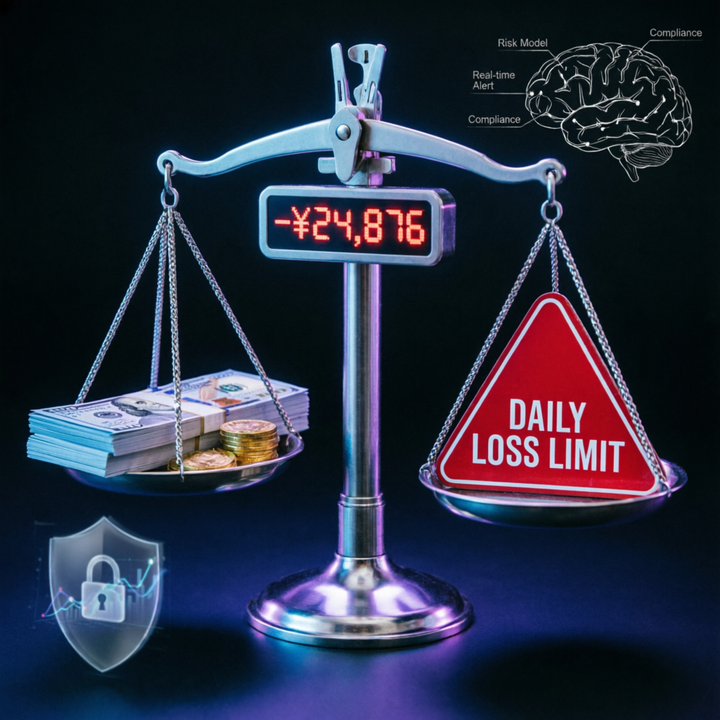 Daily loss limit visualization showing risk management balance scale for Topstep funded accounts
