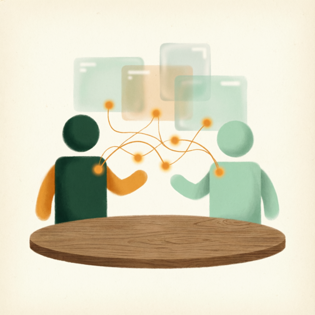 Illustration of two people collaborating around a shared board of connected nodes
